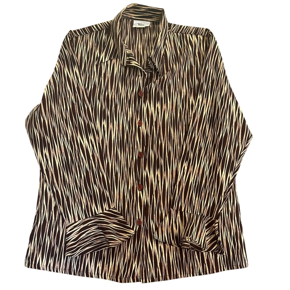 Robynes Dream Vintage Brown Tan Abstract Print Button Up Blouse Size 16 USA Made